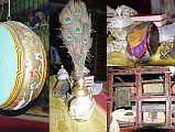 308 Jharkot Gompa Drum, Teapot, Vajra and Bell, Scriptures Four of the main tantric Buddhist symbols are on display at the Jharkot gompa: the drum, a teapot with a peacock tail, the vajra and bell, and the scriptures.